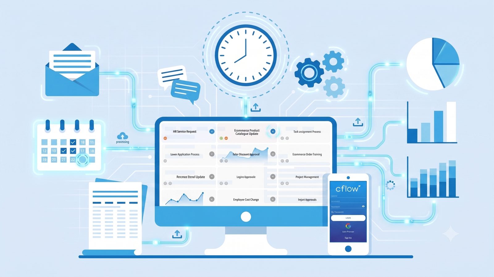 Business automation dashboard showing approvals and processes