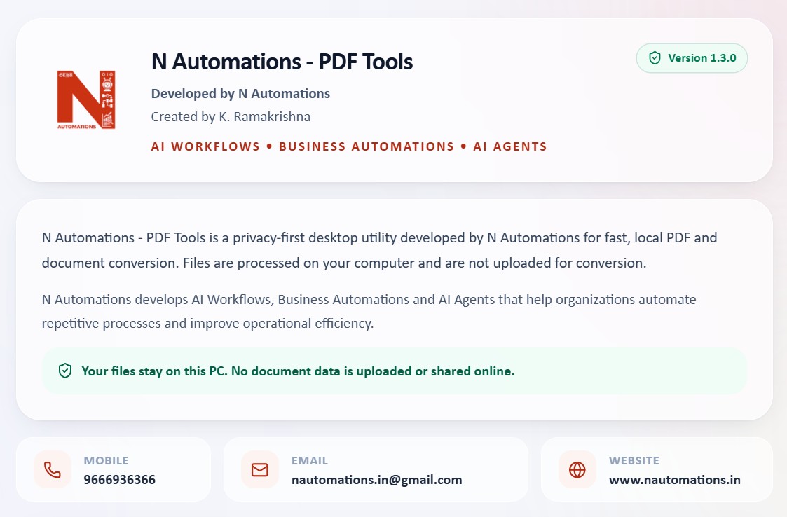 About N Automations PDF Tools: your files stay on this PC