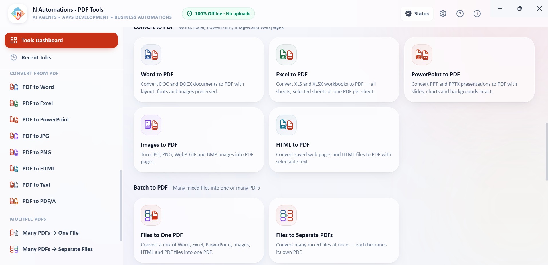 PDF Tools conversion tools: Word, Excel, PowerPoint, images and HTML to PDF