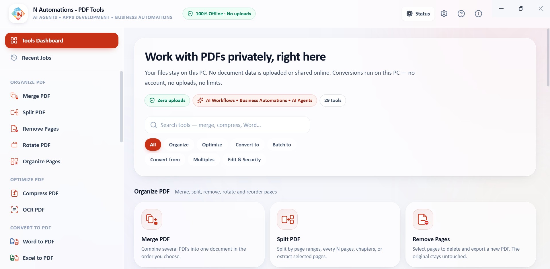 N Automations PDF Tools dashboard with Merge, Split and Remove Pages tools
